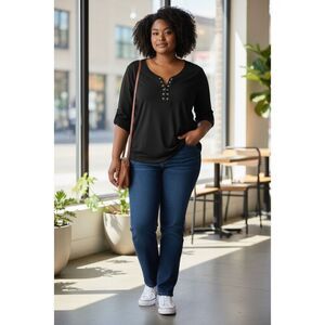 Premise Studio Black Gold Eyelet Vneck Blouse Plus Size 2X Pullover 3/4-Sleeve